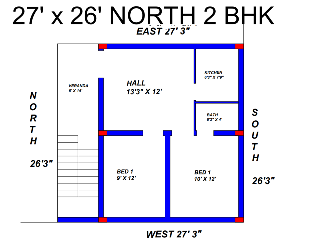 25 X 27 North Face 2 Bhk House Plan Map 9 Lakh Only - Awesome House Plan