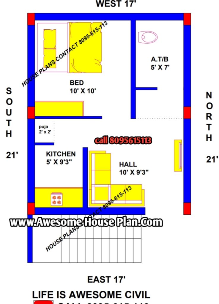 17 by 27 house plan 1 bedroom map naksha