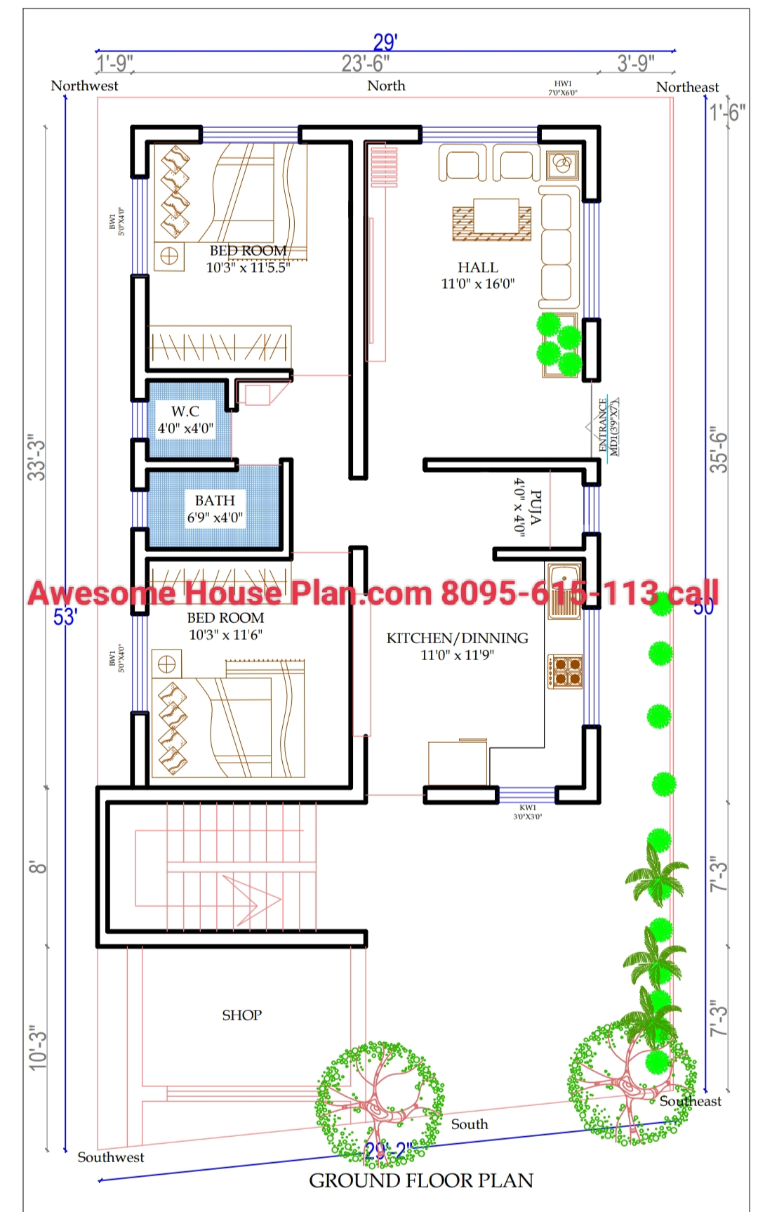 30 x 40 south face 2 bedroom house plan