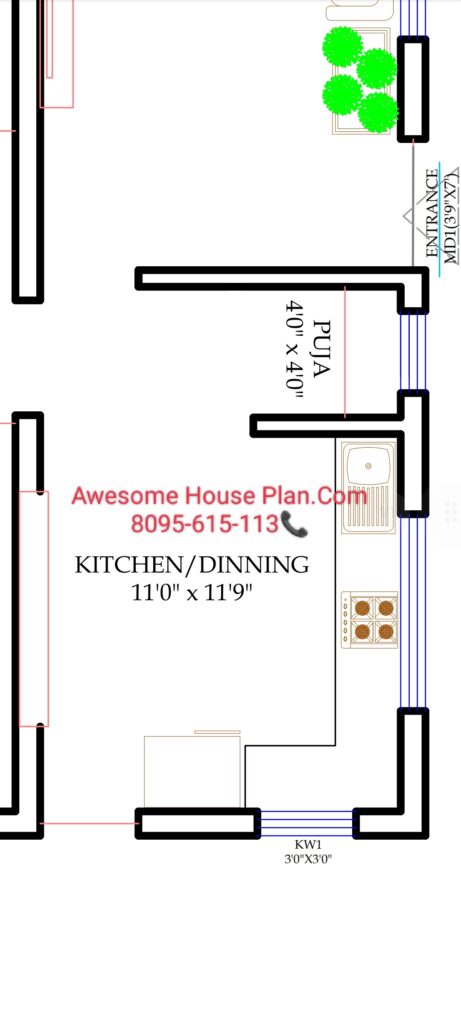 Unique 2 Bedroom South plan with size of standard kitchen and puja room details