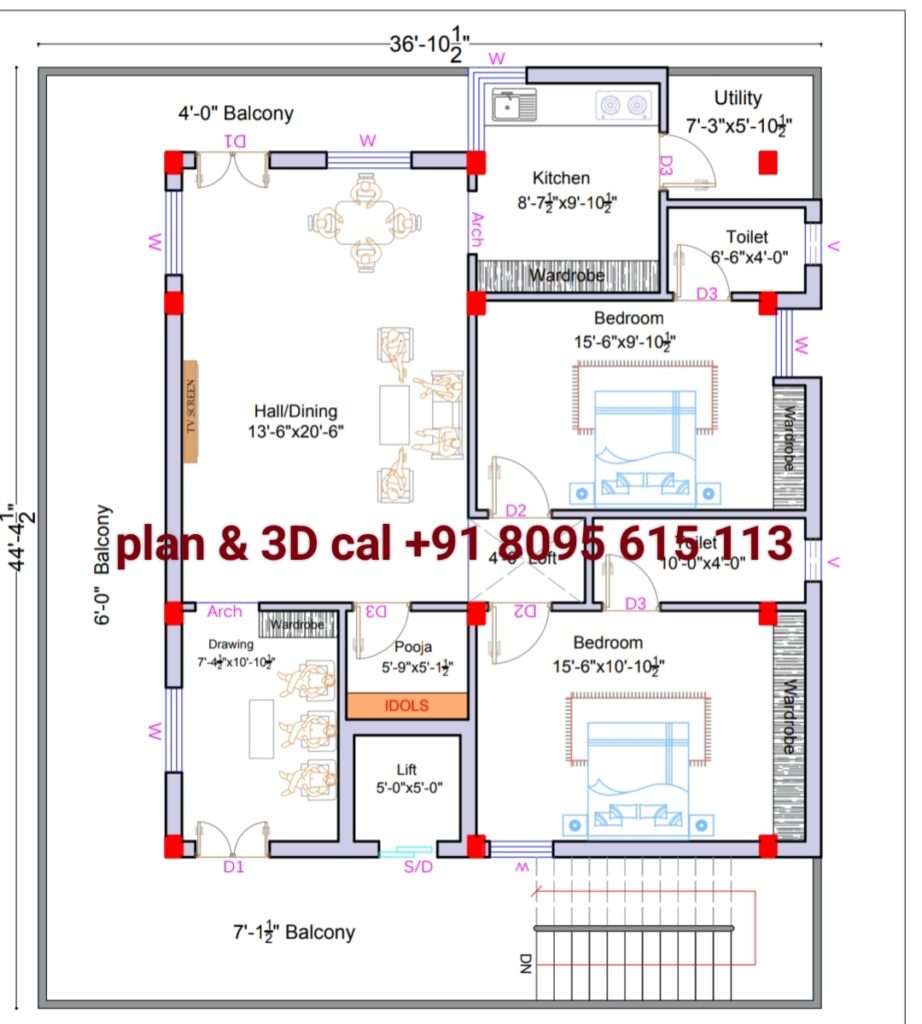 33 by 44 best house plan 2 bedroom