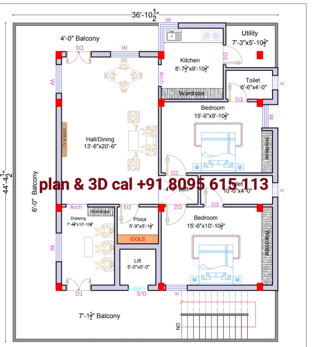 36 by 44 house plan with lift 2 bedroom